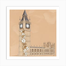 Big Ben London wall art neutral beige and white with flowers pretty floral Big Ben 2025 London wall art Art Print