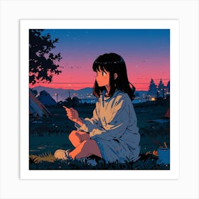 Anime Girl Sitting In Grass Art Print