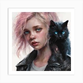 Girl With Pink Hair And A Black Cat Art Print