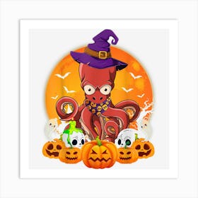 Squid Lover Scary Pumpkin Skull Witch Squid Halloween Art Print