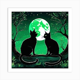 Two Black Cats In The Moonlight Art Print