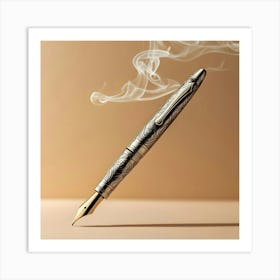 A Vintage Inspired, Ornate Pen With An Intricately Carved Antique Silver Body And A Delicate Clip, Transformed Into A Functional Lighter, Suspended In Mid Air Against A Warm, Beige Background 3 Art Print