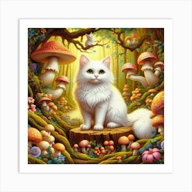 White Cat In The Forest Art Print