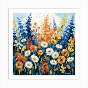 Abstract Blue And Orange Flowers Design Art Print