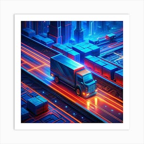 Futuristic Delivery Truck On Neon Lit Road Art Print