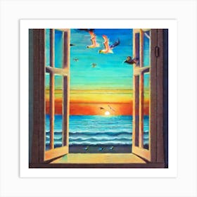 Vibrant Sunset Beach Scene with Flying Birds Art Print