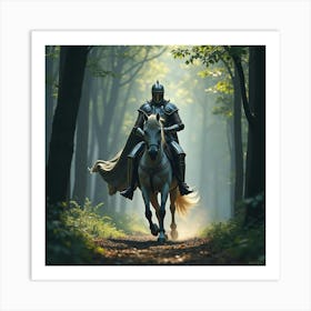 A Knight In Shining Armor Riding A Majestic Steed Through A Mystical Forest Art Print