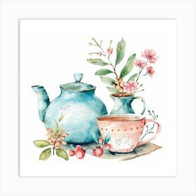 Watercolor Teapot Tea Cup And Vase Art Print