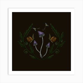 Mushroom And Snails on Black Art Print