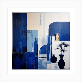 Abstract Minimalist Contemporary Art Print - Blue & White With Pots Art Print