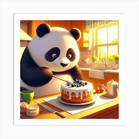 A Panda Bear Baking A Cake In A Sunny Kitchen, Digital Art 3 Art Print