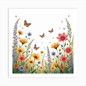 A Vibrant English Flower Field With Wildflowers And Butterflies, Watercolor Style 1 Art Print