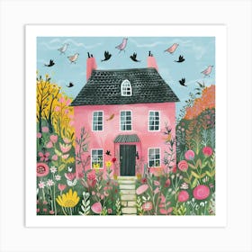 Pink House With Birds 1 Art Print