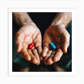 Hands Holding red and blue Pill 1 Art Print