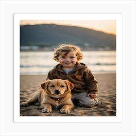 Little Boy With Dog On The Beach Art Print