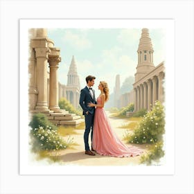 Sophisticated Couple In Watercolor Outfits, Ancient Ruins 1 Art Print