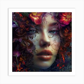 Woman With Flowers On Her Head Art Print