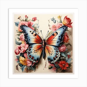 Butterfly With Flowers Art Print