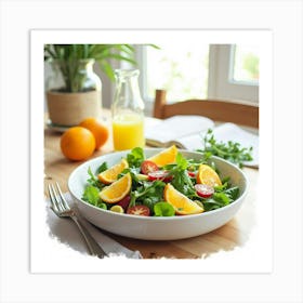 Watercolor Image Of A Fresh And Light Summer Salad With Citrus Dressing On A Cozy Dining Table Art Print