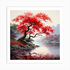 Red Tree By The River Art Print