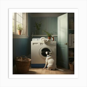 Dog In Front Of A Washing Machine laundary room Art Print