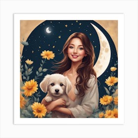 Artistic Look Of A Happy Girl Seen In The Camera Moon Cute Puppy And A Flower 395928042 Art Print