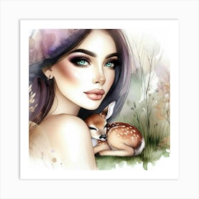 Girl With A Deer Art Print