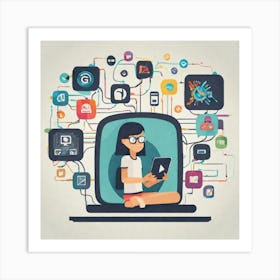 Girl With Laptop And Social Media Icons Art Print