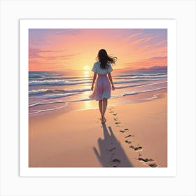 Alone Girl At Beach Ocean With Sunset Art Print (2) Art Print