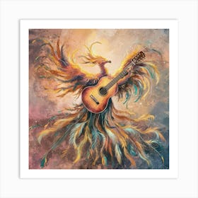 Phoenix Guitar awater color paint An exquisite, abstract rendition of soulful strumming, where the guitar is metaphorically replaced by a soaring, ethereal phoenix. The bird's vibrant feathers cascade like strings, emanating a warm, golden glow. As it strums its own divine melody, the phoenix embodies the spiritual essence of music, transcending physicality and resonating with the deepest chords of the soul. The background is a harmonious blend of dreamy, impressionistic hues, evoking a sense of transcendence and boundless creativity. Art Print