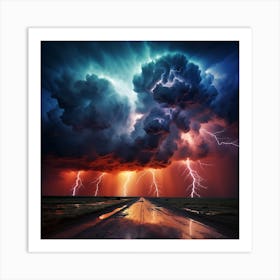 Lightning Over A Road Art Print