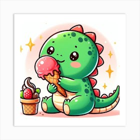 Cute Dinosaur Eating Ice Cream 1 Art Print