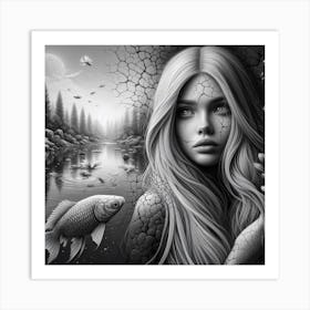 Black And White Girl With Fish Art Print