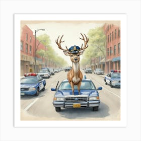 Deer On A Car Art Print