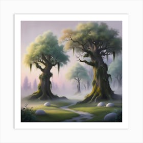 A Misty, Dawn Lit High Fantasy Forest, Digitally Painted In Vibrant, Ethereal Hues, With Soft, Feathery Brushstrokes And Delicate Textures, Evoking An Atmosphere Of Peaceful Tranquility, (2) Art Print