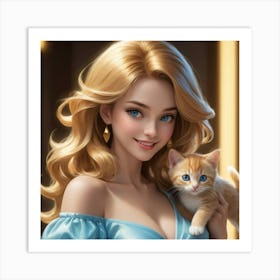 Beautiful Girl Holding A Kitten Art Print