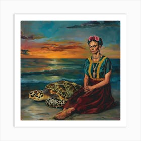 Frida Kahlo With Sea Turtle. Animal Conservation Series Art Print