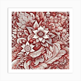 Batik, Red And White Floral Pattern  Art Print