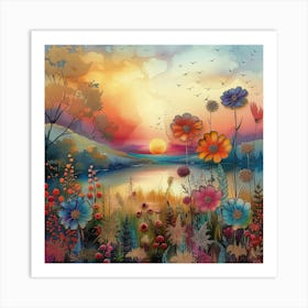 Sunset With Flowers Art Print