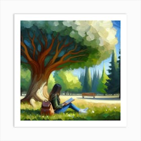 Girl Reading Under The Tree, Acrylic Painting Style Art Print