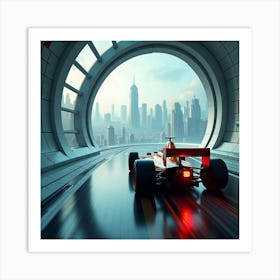 Formula Car Racing Through A Glass Tunnel Above A Sprawling Futuristic City 1 Art Print