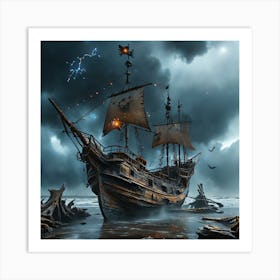 Pirate Ship In Stormy Sea Art Print