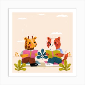 Giraffe And Fox Reading Art Print