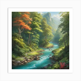 A stunning landscape painting featuring a crystal clear river winding through a lush forest, with vibrant colors and intricate details. 1 Art Print