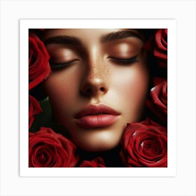 Beautiful Woman With Red Roses Art Print