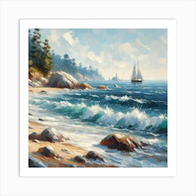 Sailing Boat On The Beach, Acrylic Painting Style 1 Art Print