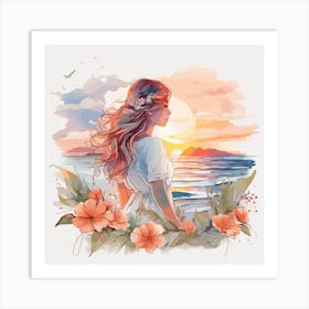 A Girl At Sunset on beach Art Print