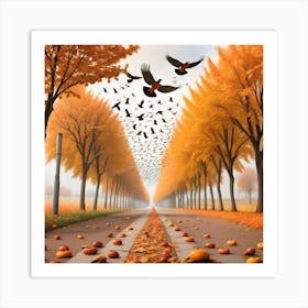 Autumn Road With Birds Art Print