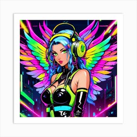 Neon Girl With Headphones 1 Art Print