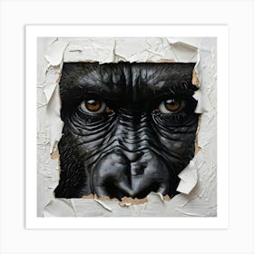 Hyperrealistic Oil Painting Featuring An Eye Peering Through Torn Paper With A Gorillas Face Outlin Art Print